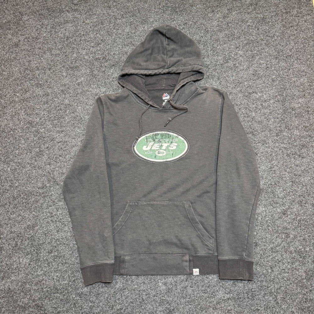 Majestic NFL New York Jets Hoodie Mens Medium Grey Faded Pullover Sweatshirt
